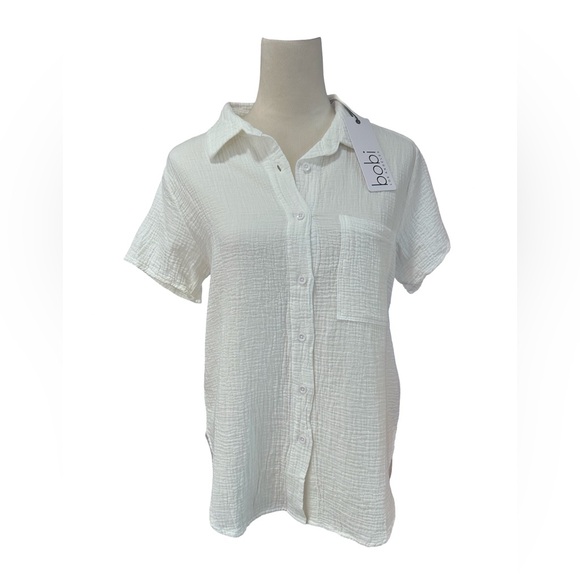 NWT Bobi Los Angeles White Button Down Linen Gauge Warm Short Sleeve Top M - Picture 3 of 6